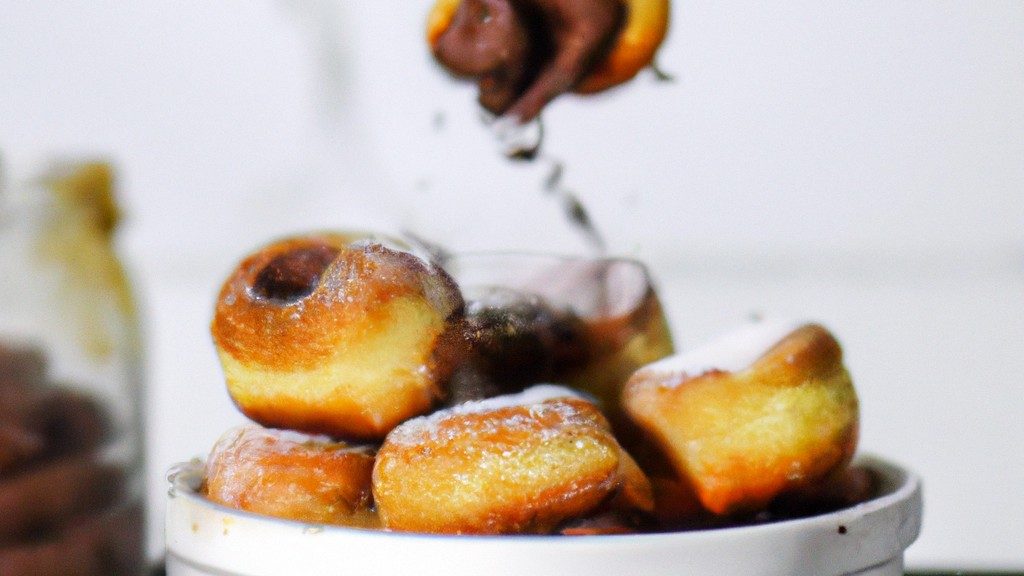 Imagem de um suflê de Nutella recém-assado em uma airfryer. O suflê é marrom dourado e arejado, com uma crosta crocante e um interior cremoso e derretido. A airfryer é mostrada ao fundo.