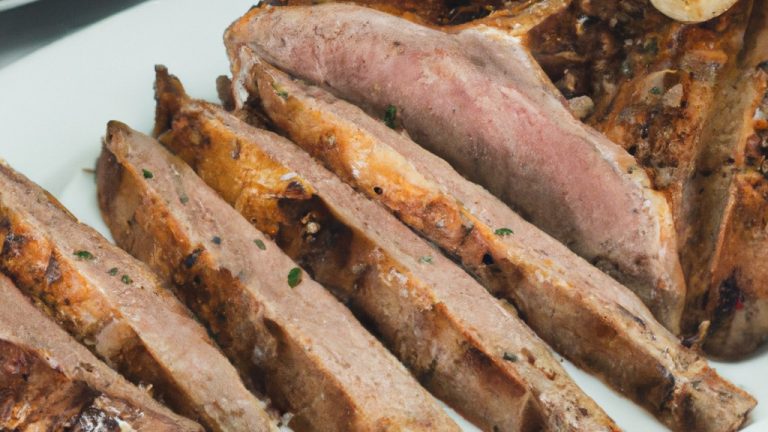 Imagem de uma grelha de ar com um bife T-bone suculento e grelhado no interior. O bife é perfeitamente cozido, com marcas de grelha douradas na superfície. Ele é guarnecido com alecrim fresco e fatias de limão.