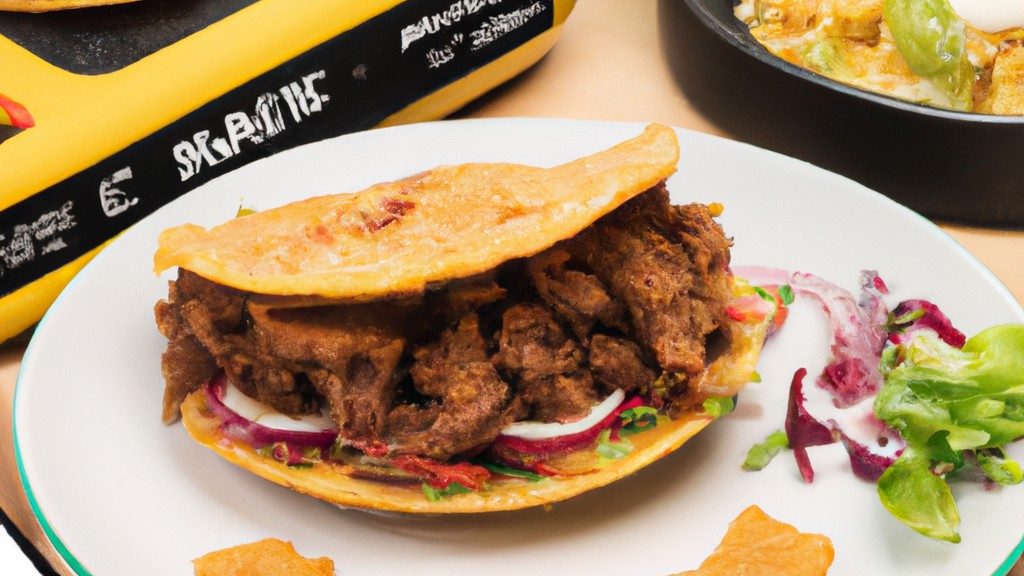 Imagem de tacos crocantes e dourados feitos com cascas de Big Mac cozidas na Airfryer, recheados com carne moída temperada, queijo derretido, alface, tomate e cebola roxa.