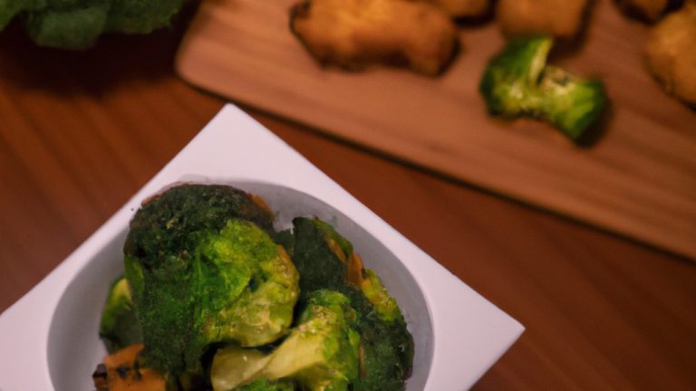 Imagem de brócolis empanado e frito em uma AirFryer. O brócolis é verde brilhante e crocante, com uma crosta dourada.
