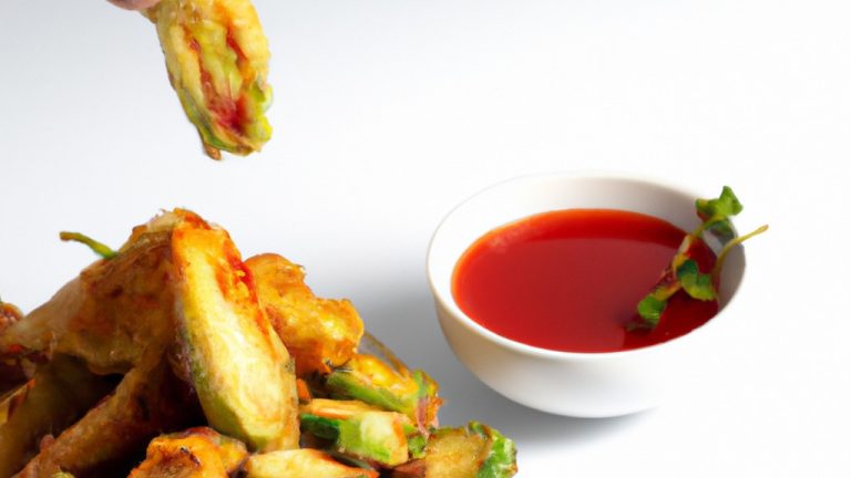 Imagem de um prato com tempura de legumes fritos ao ar, que inclui cenoura, brócolis, couve-flor e cebola, servidos com um molho para mergulhar.