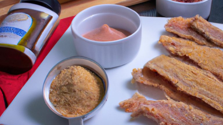 Imagem de filé de tilápia empanado com bacon, cozido em uma airfryer. O filé é dourado e crocante, com fatias de bacon por cima. A airfryer é visível ao fundo.