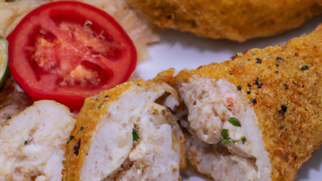 Imagem de uma tilápia inteira recheada com uma farofa dourada e crocante, cozida em uma Airfryer. O peixe é coberto com uma mistura de ervas e especiarias, e o recheio de farofa é visível através de uma fenda na barriga do peixe.