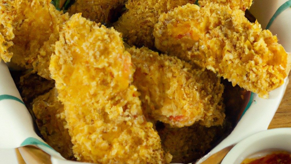 Imagem de tiras de frango empanadas douradas e crocantes na cesta de uma Airfryer, cobertas com queijo derretido e polvilhadas com ervas frescas.