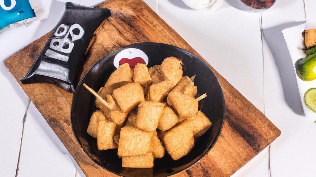 Imagem de tofu empanado crocante e dourado em uma airfryer, com palitos de cenoura e aipo ao lado.