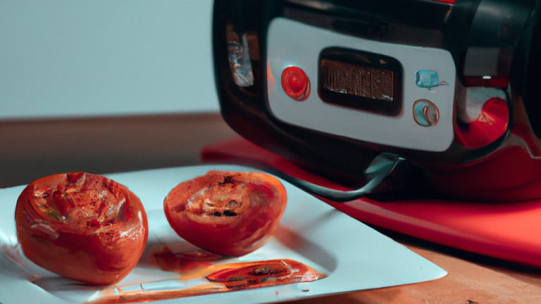 Imagem de tomates vermelhos brilhantes e suculentos assados em uma fritadeira de ar quente, com um pouco de azeite e ervas frescas por cima. Os tomates estão ligeiramente enrugados e caramelizados, com um aspecto delicioso e apetitoso.
