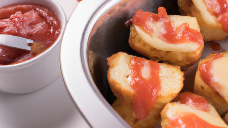 Imagem de um prato com tomate recheado com queijo minas, preparado na airfryer. O tomate está cortado ao meio e o queijo derretido está cobrindo o topo. O prato é acompanhado por uma salada verde e um pedaço de pão.