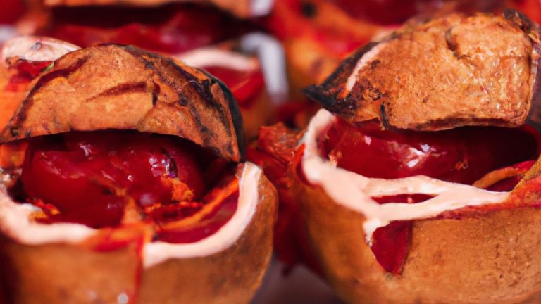 Imagem de tomates vermelhos recheados com carne moída dourada, cobertos com queijo derretido. Os tomates estão dispostos em uma assadeira de ar quente, prontos para serem servidos.