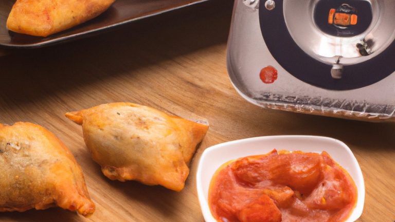 Imagem de tomates recheados com frango cozidos em uma Airfryer. Os tomates são cortados ao meio e recheados com uma mistura de frango cozido, cebola, pimentão, especiarias e ervas. Os tomates são colocados na Airfryer e cozidos até que estejam macios e o frango esteja dourado.