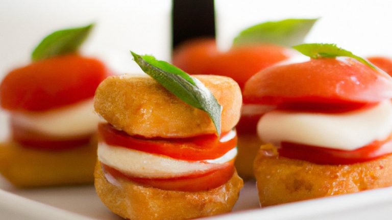 Uma foto de cima para baixo de duas fatias de pão torrado com tomate, mussarela e manjericão em cima, em um prato branco com uma tigela de salada ao lado.