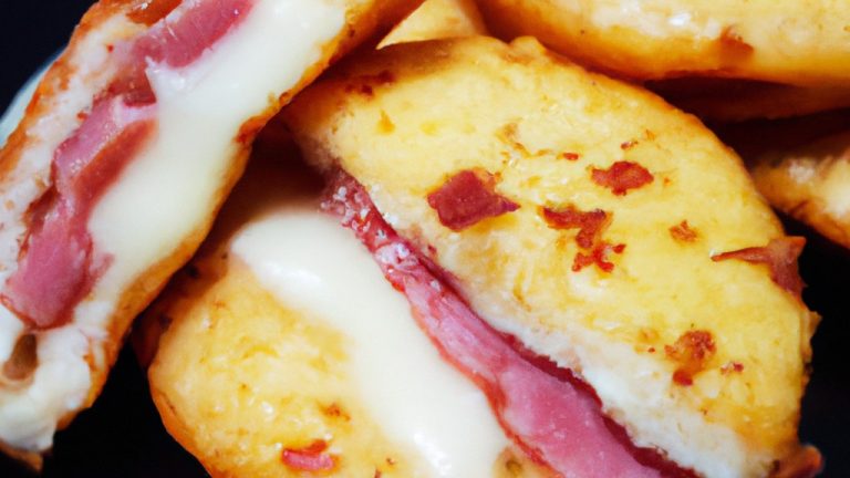 Imagem de torradas de queijo com presunto preparadas na Airfryer. Elas são douradas e crocantes, com queijo derretido e presunto salgado. O fundo da imagem tem uma tábua de cortar de madeira e uma faca.