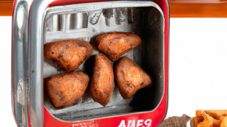 Imagem de uma fritadeira Air Fryer Midea 4 L branca em cima de uma bancada. A fritadeira tem um formato oval com uma alça preta e uma tela LCD na parte frontal. A fritadeira está aberta, revelando uma cesta de fritura removível.