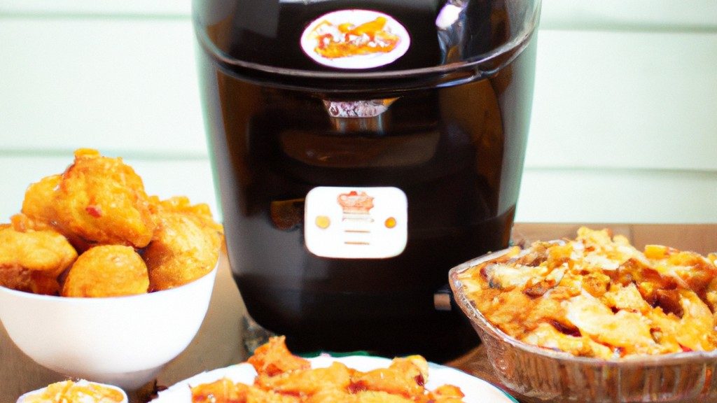 Imagem de uma Air Fryer Grand Family 5L, um eletrodoméstico de cozinha que usa circulação de ar quente para cozinhar alimentos. O dispositivo é preto e tem uma capacidade de 5 litros. A fritadeira de ar tem uma cesta removível para facilitar a limpeza e um controle de temperatura ajustável para cozinhar vários tipos de alimentos.