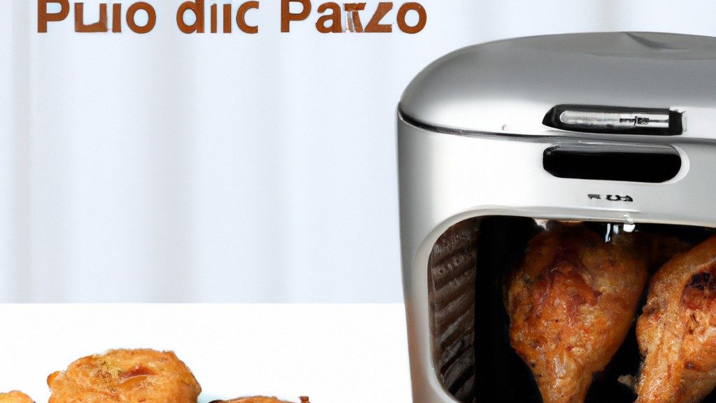 Imagem de uma fritadeira Air Fryer Philco Air Fryer Oven Pfr2200p com corpo preto, botões e visor na parte frontal, grelha interna e cesto com alça.