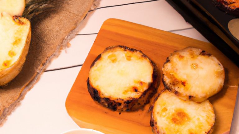 Imagem de um abacaxi cortado ao meio, coberto com uma crosta dourada e borbulhante. O abacaxi é colocado em uma cesta de fritadeira de ar e rodeado por suco de abacaxi.