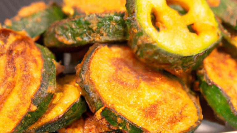 Imagem de abobrinhas cortadas em tiras e grelhadas em uma Airfryer. As abobrinhas são douradas e crocantes, com marcas de grelha. Elas estão dispostas em um prato, guarnecidas com ervas frescas.