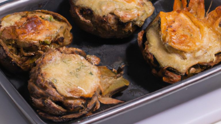 Alcachofras crocantes e douradas recheadas com um cremoso recheio de espinafre, queijo e pão ralado, gratinadas à perfeição em uma Airfryer.