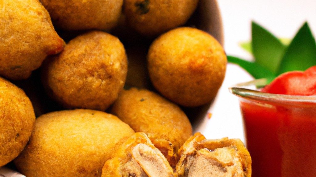 Imagem de almôndegas recheadas douradas e crocantes cozidas em uma Airfryer. As almôndegas são recheadas com queijo derretido e ervas, e estão dispostas em uma cesta da Airfryer.