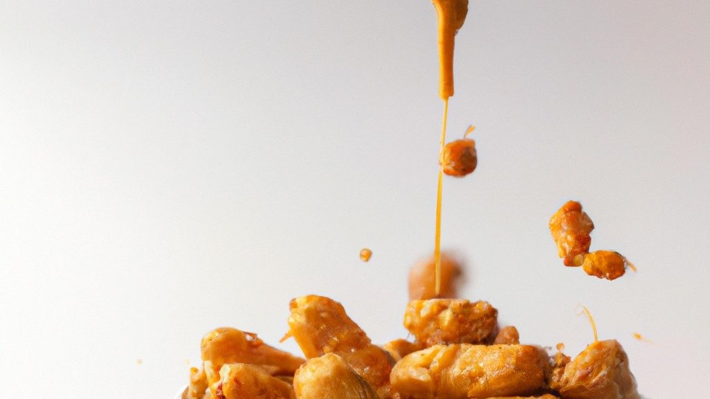 Imagem de amendoins caramelizados dourados e crocantes na Airfryer, cobertos com uma camada espessa de mel doce e uma pitada de mostarda picante. Os amendoins têm uma casca crocante e um interior macio e amanteigado, realçados pelo sabor adocicado do mel e o toque picante da mostarda.