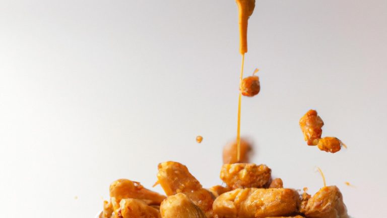Imagem de amendoins caramelizados dourados e crocantes na Airfryer, cobertos com uma camada espessa de mel doce e uma pitada de mostarda picante. Os amendoins têm uma casca crocante e um interior macio e amanteigado, realçados pelo sabor adocicado do mel e o toque picante da mostarda.
