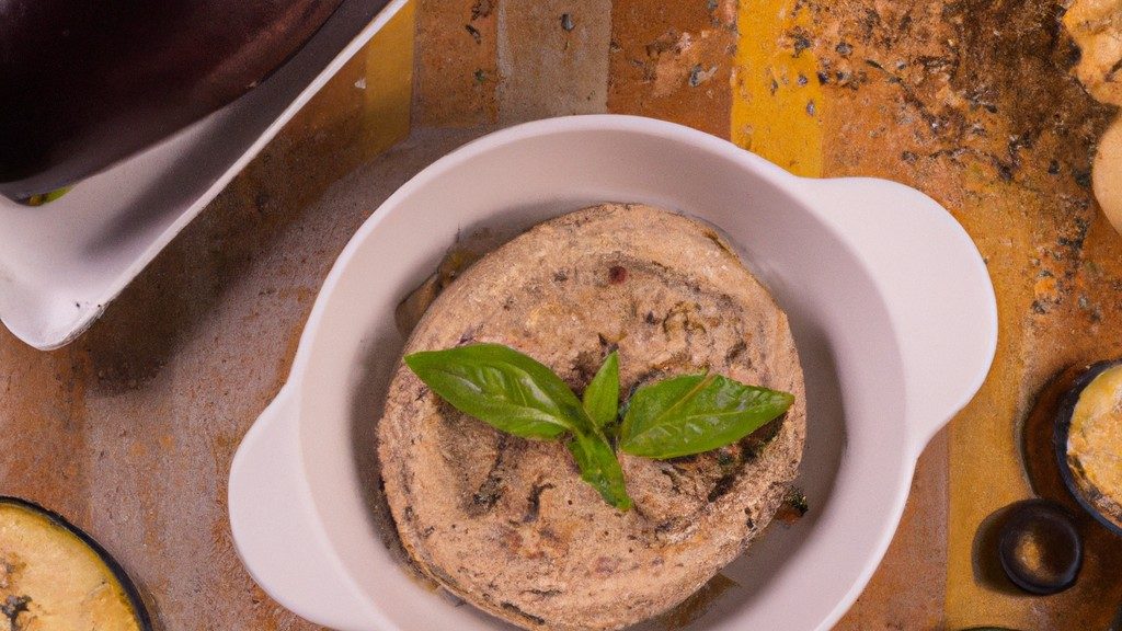 Imagem de uma porção de pasta de berinjela (babaganoush) assada em uma airfryer. A pasta é servida em um prato branco e decorada com folhas de hortelã e sementes de romã. O fundo é branco.
