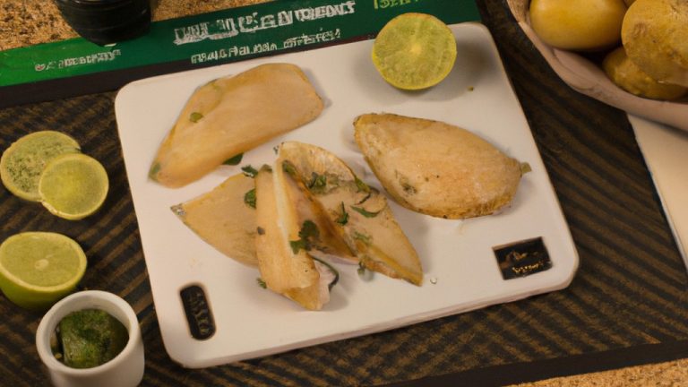 **Descrição do Alt:**
Uma imagem de um prato com bacalhau frito ao ar e batatas assadas na Airfryer. O bacalhau é dourado e crocante, enquanto as batatas são macias e fofas. A refeição é servida com um limão cortado e um raminho de salsa, adicionando um toque de frescor.