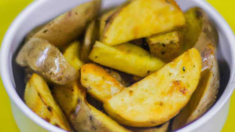 Batatas cortadas em pedaços dourados e crocantes, cobertas com um molho vermelho picante, prontas para serem saboreadas na airfryer.