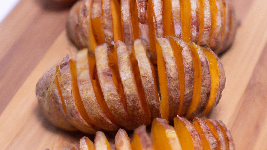 Imagem de batatas em fatias finas dispostas em forma de leque em uma airfryer. As batatas são cobertas com azeite de oliva, sal e pimenta e têm um recheio de queijo derretido, bacon crocante e cebolas fritas.