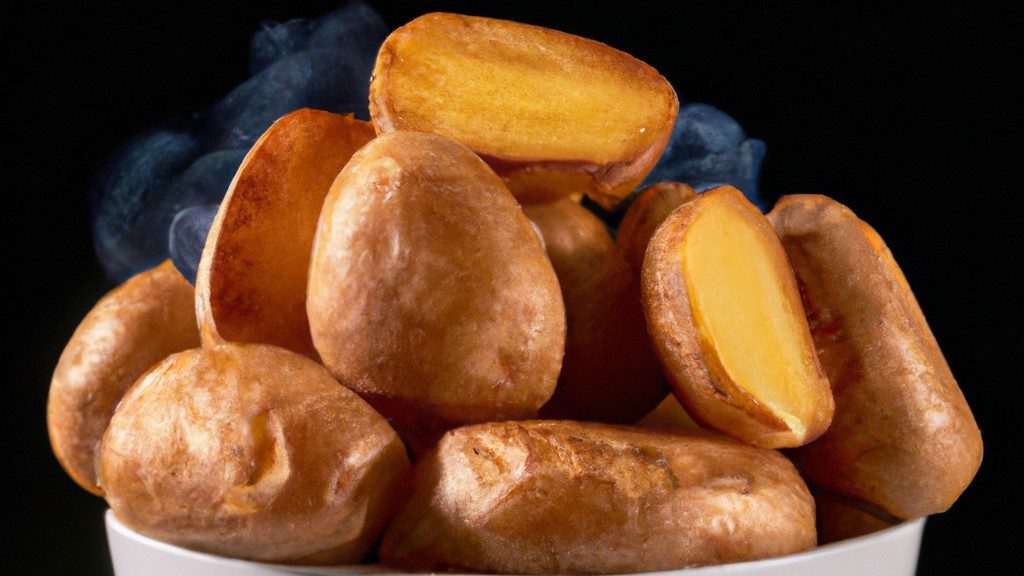Imagem de uma batata frita crocante e dourada cozida em uma Airfryer. A batata tem uma casca marrom avermelhada e um interior macio e fofo. A imagem mostra a versatilidade da Airfryer, que pode criar alimentos fritos crocantes e deliciosos sem a necessidade de óleo.