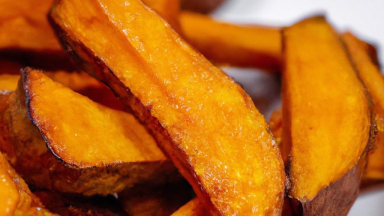 Imagem de batatas-doces caramelizadas crocantes e douradas cozidas na Airfryer. As batatas são cortadas em palitos ou fatias finas e cobertas com uma mistura doce e caramelizada. O exterior é crocante e o interior é macio e delicioso.