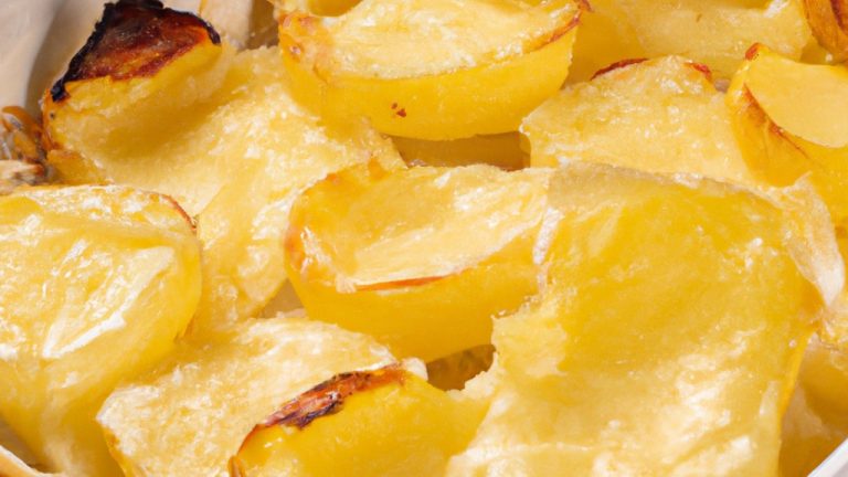 Imagem de uma assadeira de vidro transparente cheia de batatas gratinadas douradas e borbulhantes. As batatas são cortadas em fatias finas e dispostas em camadas, cobertas com um molho cremoso branco. A superfície é salpicada com queijo parmesão ralado e ervas frescas. A imagem mostra o prato acabado, dourado e borbulhante, pronto para ser servido.