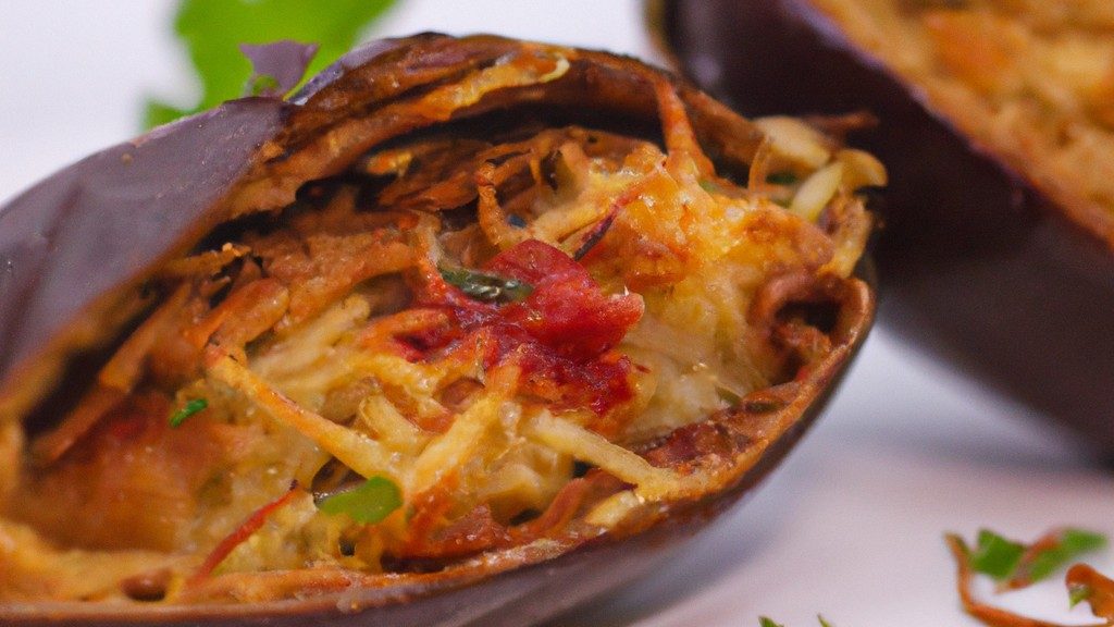 Imagem de uma berinjela recheada cozida em uma Airfryer. A berinjela é cortada ao meio no sentido do comprimento e recheada com uma mistura de carne moída, arroz, legumes e temperos. A berinjela é colocada na Airfryer e cozida até que esteja macia e o recheio esteja cozido.