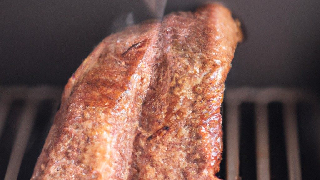 Imagem de uma bisteca de porco suculenta e dourada, cozida na Airfryer. A bisteca é espessa e macia, com uma crosta crocante e suculenta por dentro. Ela é decorada com ervas frescas e servida com um molho de churrasco ao lado.