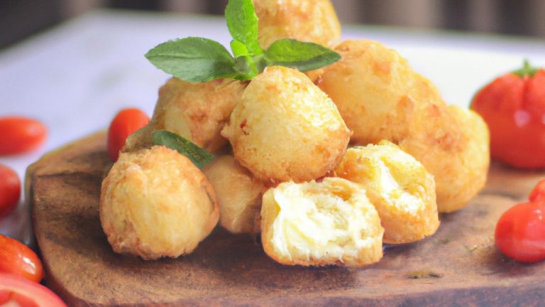 Imagem de bolinhos Caprese dourados e crocantes cozidos em uma Airfryer. Os bolinhos são feitos com mussarela fresca, tomate cereja e manjericão, e são servidos com um molho de tomate fresco.