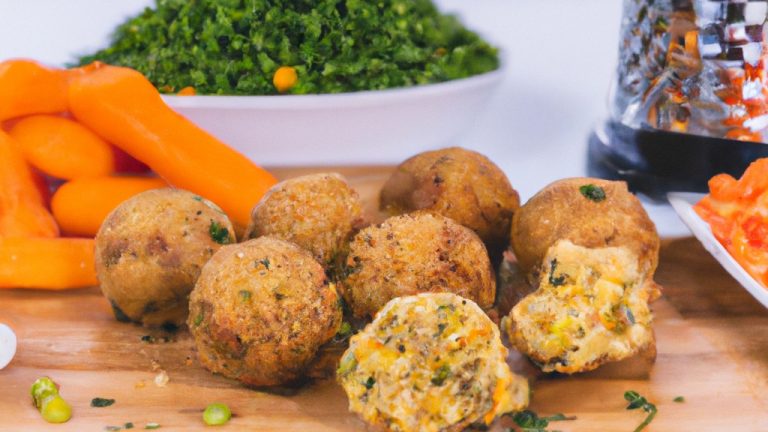 Imagem de bolinhos de carne com vegetais e aveia fritos na airfryer, dispostos em uma travessa. Os bolinhos têm uma crosta dourada e são recheados com uma mistura de carne moída, vegetais e aveia.
