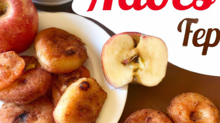 Imagem de bolinhos de maçã dourados e crocantes feitos na Airfryer, servidos em um prato com uma colher de sorvete de baunilha derretida por cima.