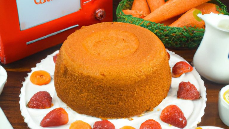 Uma imagem de uma fatia de bolo de cenoura assada em uma fritadeira. O bolo é coberto com uma cobertura de cream cheese e tem uma crosta crocante.