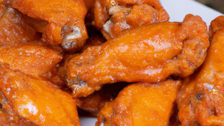 Imagem de asinhas de frango crocantes cozidas em uma Airfryer, cobertas com molho picante ou churrasco. O prato é apresentado em um prato com fatias de cenoura e aipo como acompanhamento.