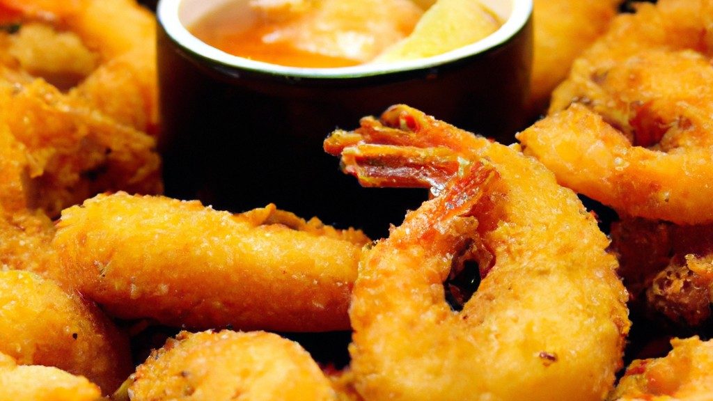 Camarões crocantes e dourados cozidos na Airfryer. Os camarões estão dispostos em uma cesta de Airfryer com limão e ervas para dar sabor. O fundo é desfocado, destacando a nitidez e a textura dos camarões na Airfryer.