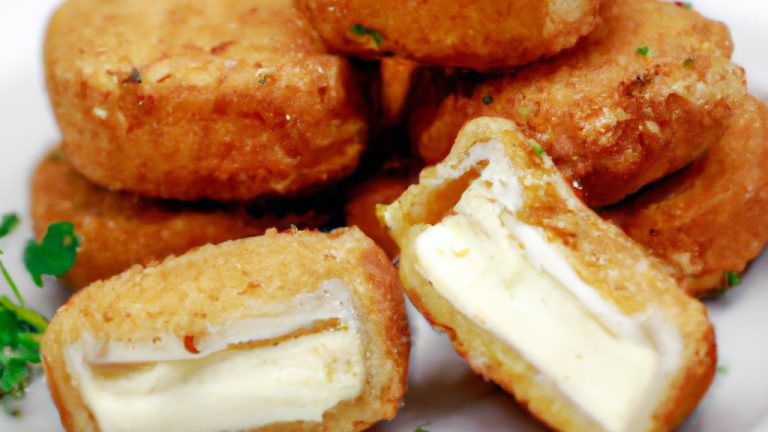 Imagem de um Camembert assado em uma Airfryer. O queijo é dourado e borbulhante, com uma crosta crocante. No centro há um pedaço de geléia de damasco, que está derretendo e caramelizando. A imagem é tirada de cima e o fundo é visível, mostrando que o queijo está cozido uniformemente.