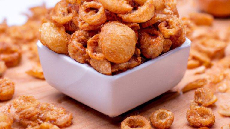 Imagem de uma porção de cebolas crocantes fritas em uma Airfryer, guarnecidas com salsa fresca. As cebolas são douradas e crocantes, com uma textura leve e arejada.