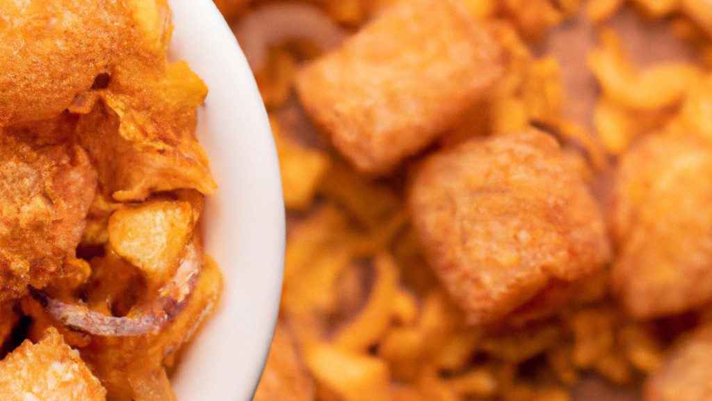 Imagem de cebolas cortadas em rodelas e empanadas em uma tigela, prontas para serem colocadas na Airfryer. A legenda diz "Cebola Frita Crocante Na Airfryer (Crispy)".
