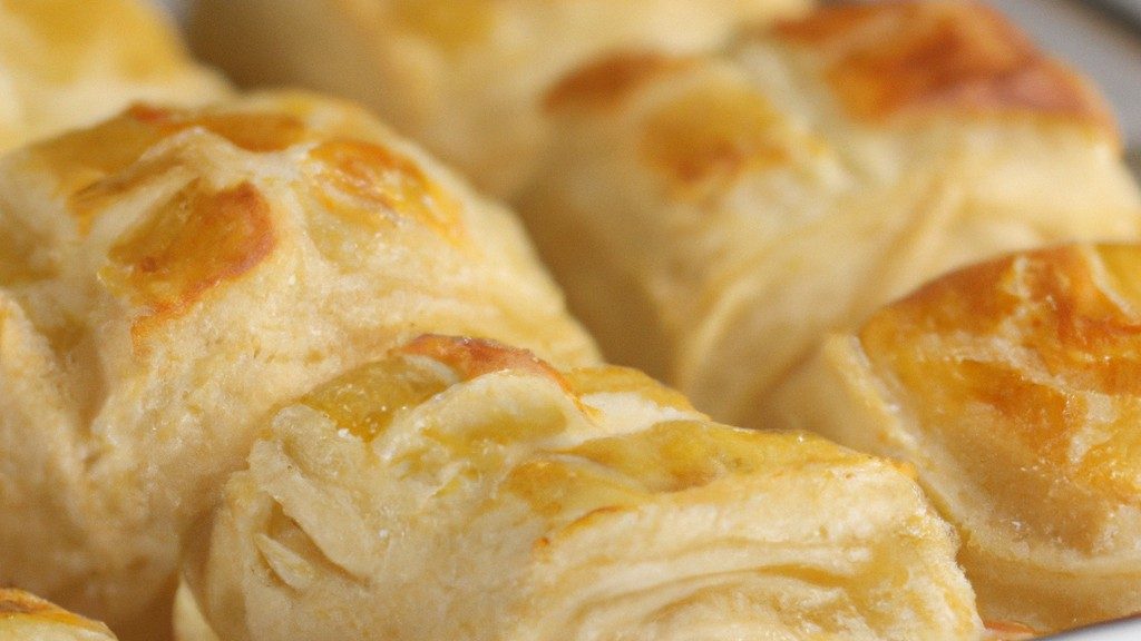 Fotografia de uma cesta de Airfryer contendo um queijo dinamarquês assado. O pão é dourado e escamoso, com uma cobertura de queijo cremoso e crocante. O queijo dinamarquês é polvilhado com açúcar de confeiteiro e servido com amoras frescas.