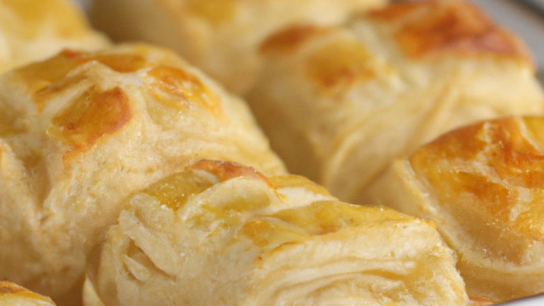 Fotografia de uma cesta de Airfryer contendo um queijo dinamarquês assado. O pão é dourado e escamoso, com uma cobertura de queijo cremoso e crocante. O queijo dinamarquês é polvilhado com açúcar de confeiteiro e servido com amoras frescas.