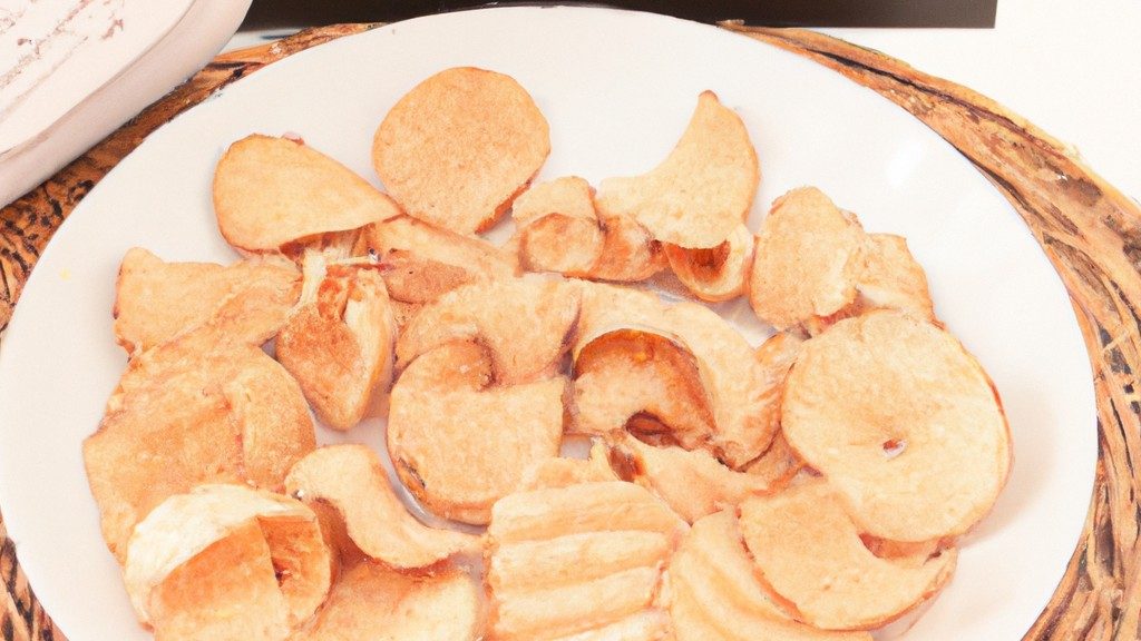 Imagem de chips de coco crocantes dourados preparados na Airfryer, servidos em uma tigela branca sobre um fundo de madeira. Os chips são feitos de coco ralado e têm uma textura crocante e um sabor levemente adocicado.
