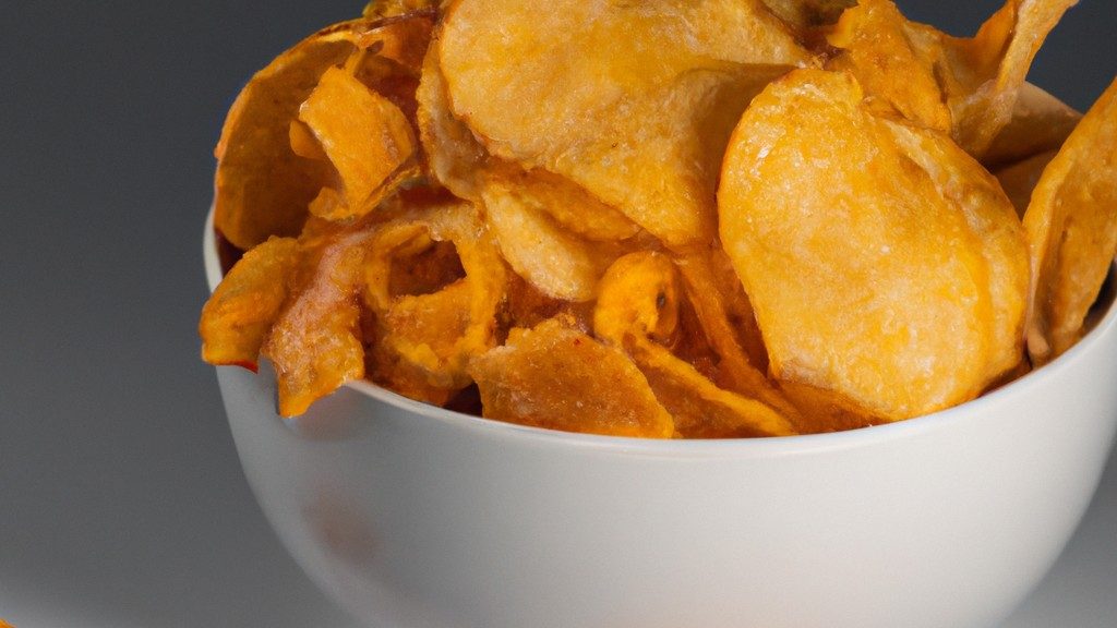 Imagem de chips crocantes e dourados de mandioquinha, também conhecida como batata baroa, preparados na airfryer. Os chips estão dispostos em uma tigela, prontos para serem saboreados.