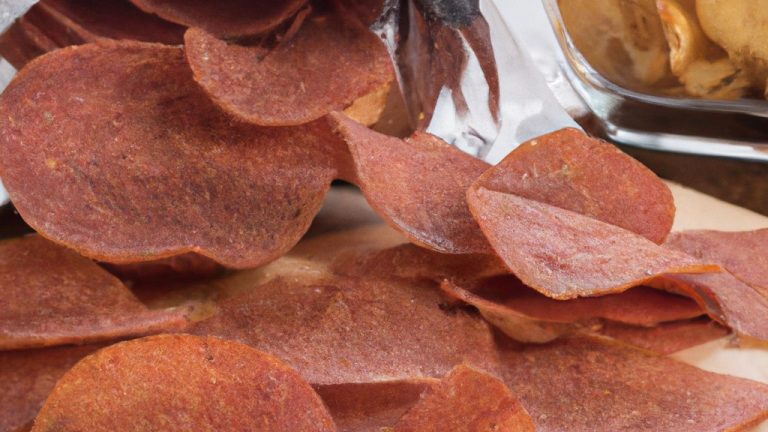 Imagem de chips de salame crocantes e dourados, preparados na Airfryer. Os chips são dispostos em um prato, com algumas ervas frescas espalhadas por cima.