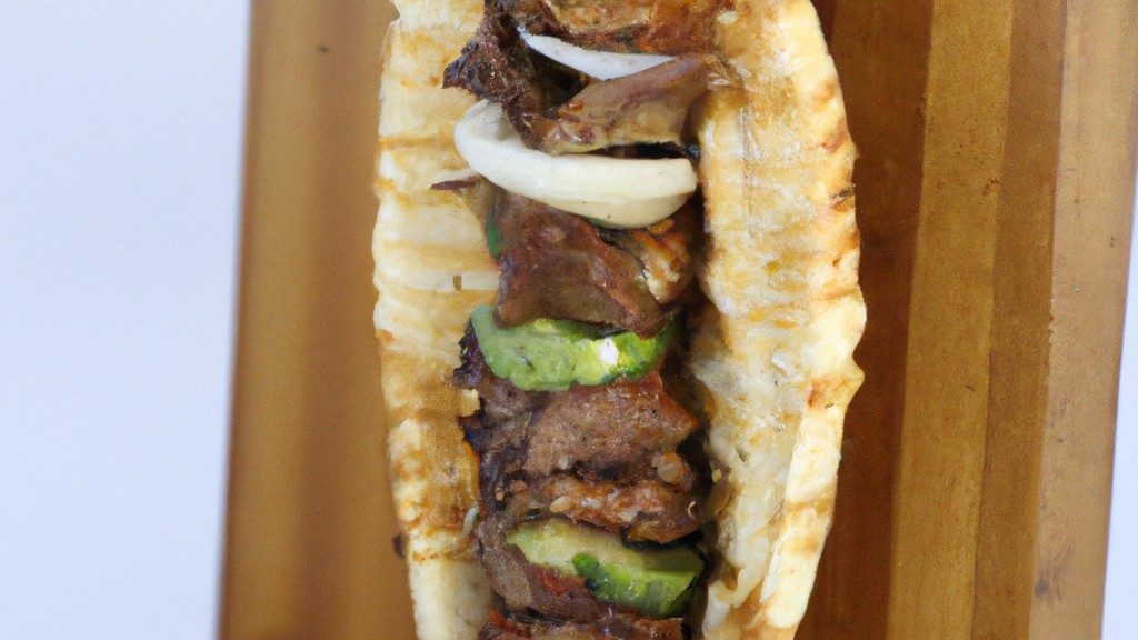 Foto de Churrasquinho Grego / Kebab sendo preparado na Airfryer. O kebab é marinado em especiarias e azeite, e é assado até dourar e ficar crocante.