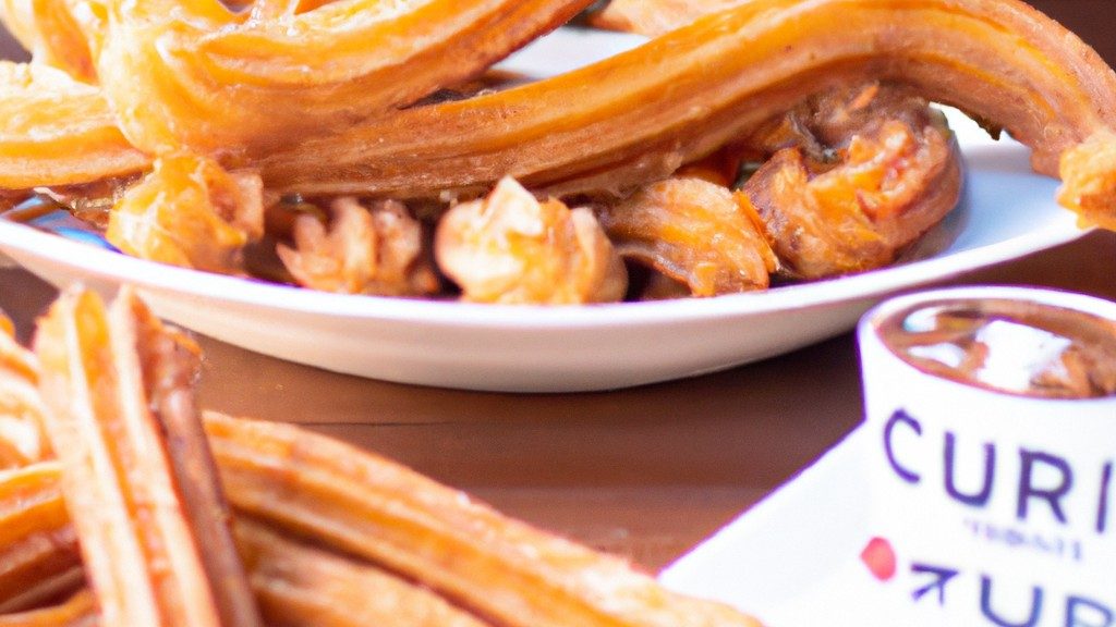 Imagem de churros crocantes e dourados cozidos na Airfryer, dispostos em um prato com uma tigela de açúcar e canela para polvilhar.
