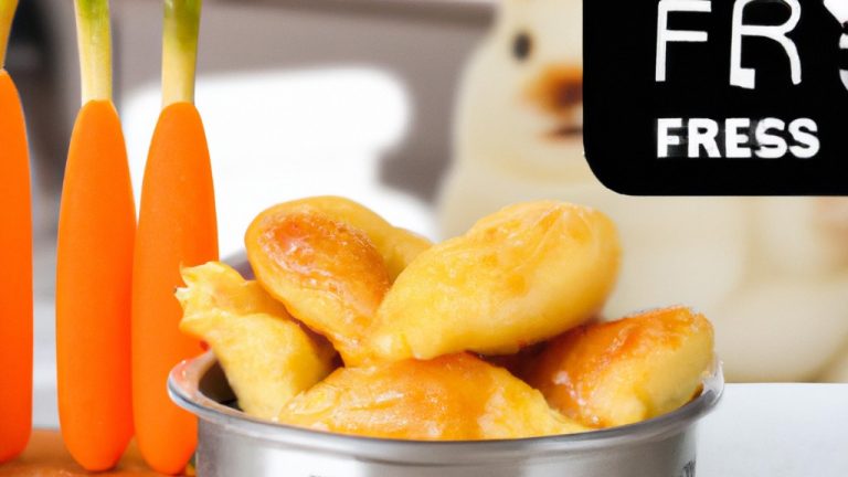 Coelhinhos de Páscoa crocantes e dourados preparados em uma airfryer. Eles têm cenouras de cenoura e orelhas de biscoito de açúcar, criando uma apresentação fofa e festiva.